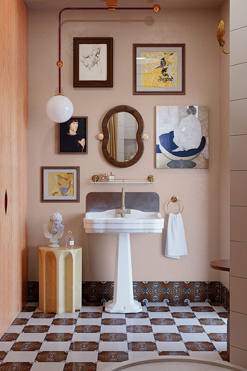 Mise en scène d'objets et cadres autour d'un miroir pour cet espace lavabo