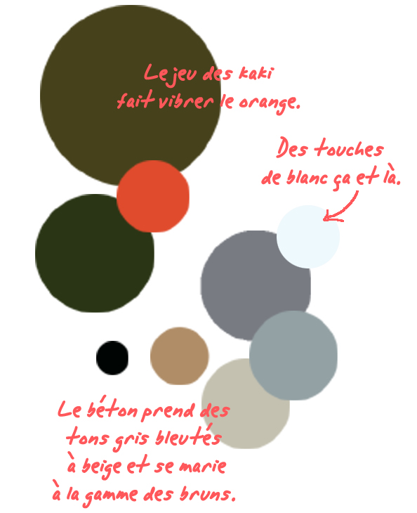 Une palette de couleurs mélangeant vert, gris et orange fluo