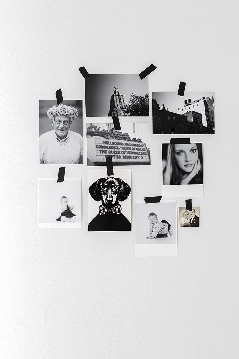 Mood board de photos en noir et blanc et washi tape