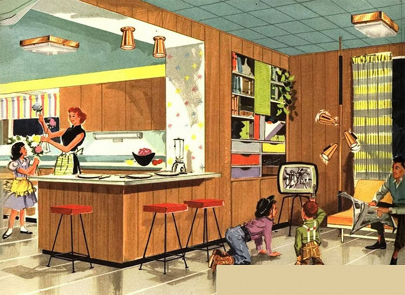 Dessin vintage d'une cuisine américaine des années 50 Dessin vintage d'une cuisine américaine des années 50