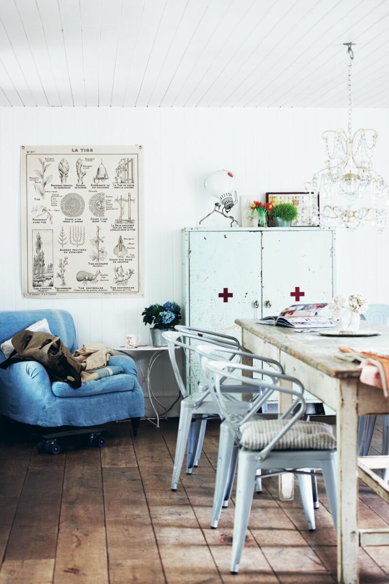 Un décor de style brocante où les meubles de métier industriel dominent Un décor de style brocante où les meubles de métier industriel dominent
