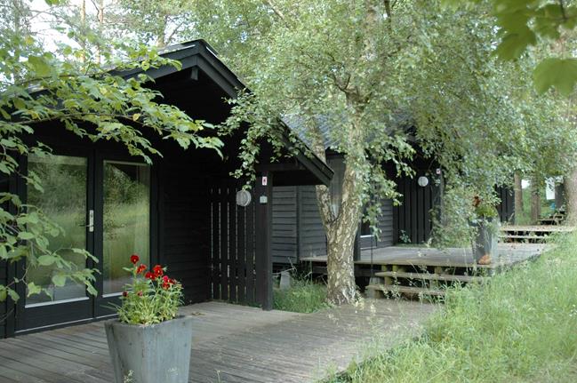 Une maison de campagne en blanc et noir sur fond de verdure // Cabane en bois noir