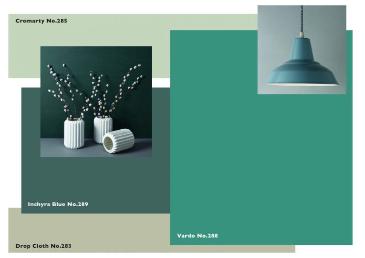 Palette de couleurs Farrow&Ball Cromarty, Drop Cloth, Inchyra Blue, Vardo