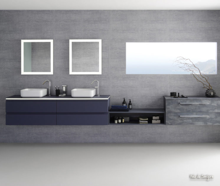 Une salle de bain de style bord de mer || Meuble de salle de bain Halo, galaxy soft laque, Sanijura