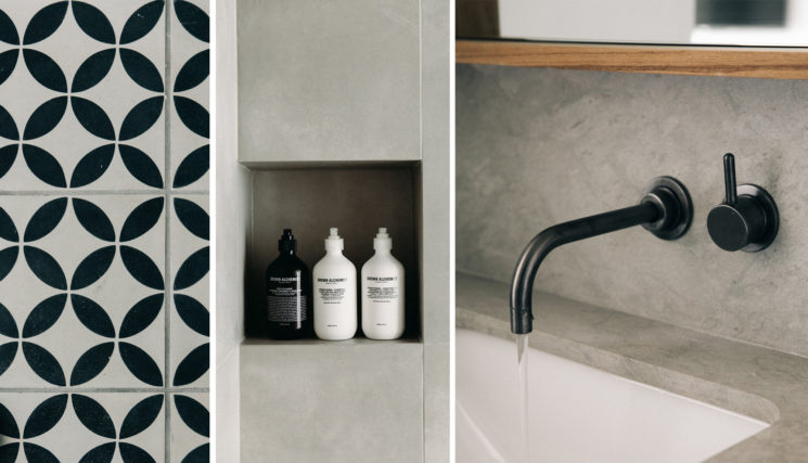 Salle de bain en béton ciré et carreaux de ciment noir et blanc