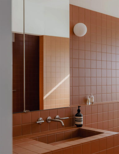 Une salle de bains présentant des murs en carreaux de faïences 10x10 Terracotta mats