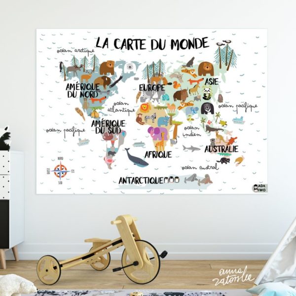 Carte du monde illustrée d'animaux - Boutique Ada and Iwo sur Etsy