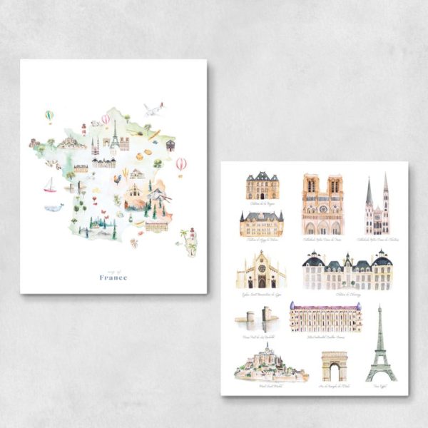 Carte de France illustrée monuments - Boutique Modvin Co sur Etsy