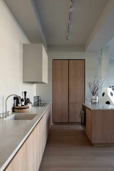 Une cuisine minimaliste monochrome aux placards de cuisine en bois