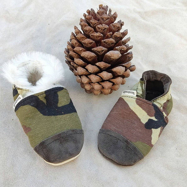 Chaussons cuir souple, camouflage - Boutique Etsy Bazabouille