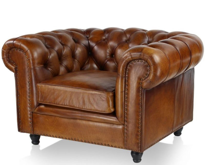 Fauteuil Chesterfield en cuir marron vintage, Saulaie