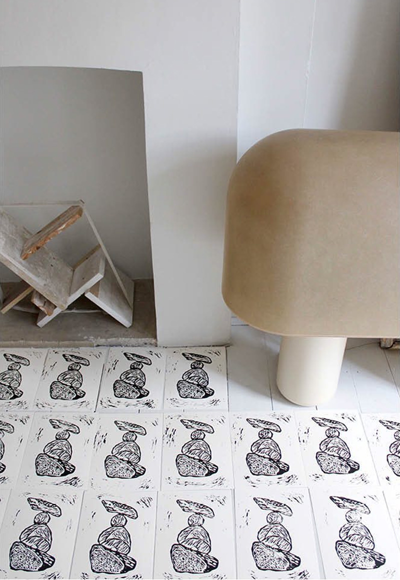 Lino-prints inspired by Collection 015's folk art origins: Bird, Stone and Nest