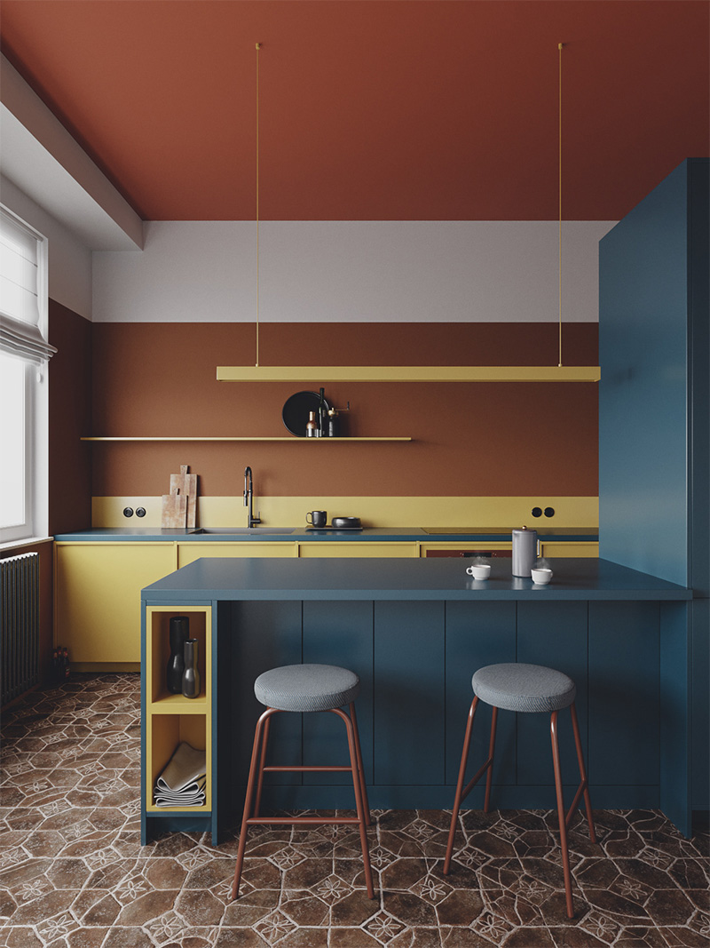 Projet de cuisine avec des accents terracotta contrebalancés de bleu