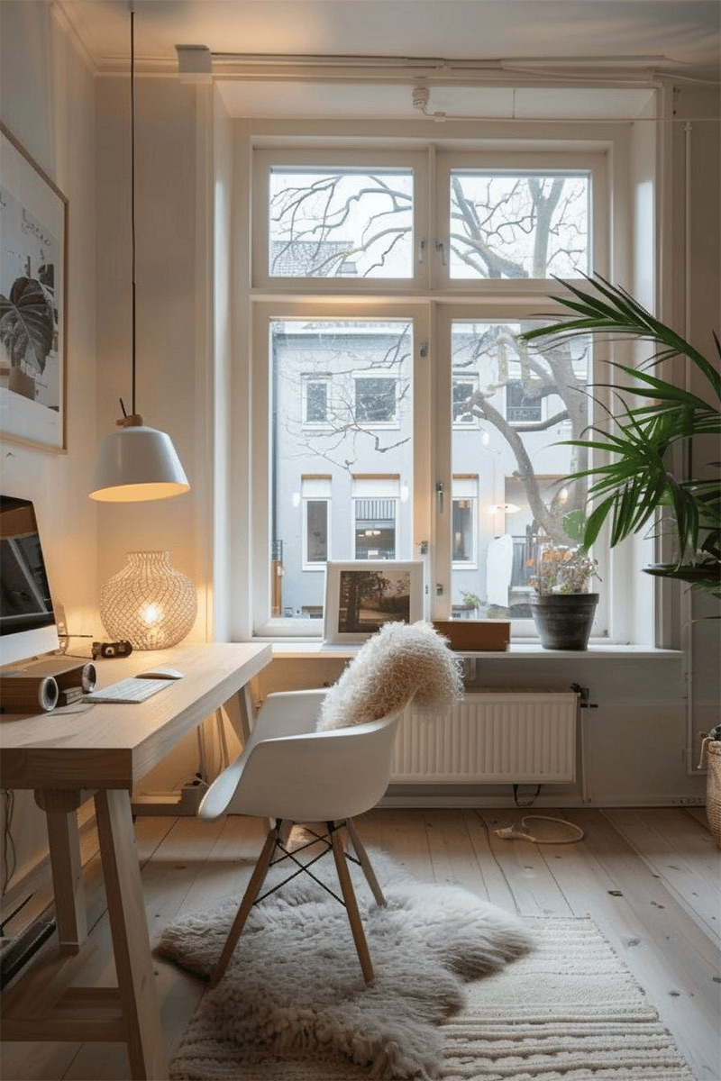 Un coin bureau dans un appartement en Suède, très lagom avec sa chaise Eames et sa peau de mouton Un coin bureau dans un appartement en Suède, très lagom avec sa chaise Eames et sa peau de mouton