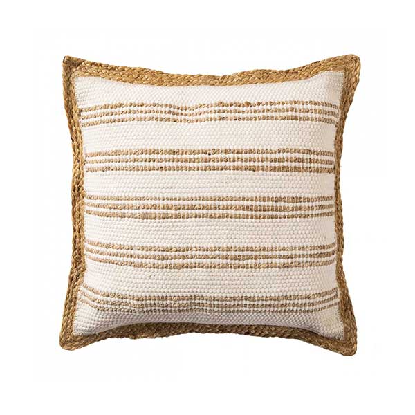 Coussin carré garni en jute naturelle et blanc rayé, sur mybohem.fr