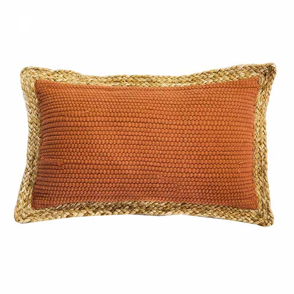 Coussin rectangulaire en jute naturelle et terracotta, sur mybohem.fr