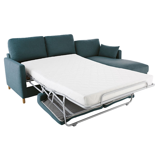 Maisons du Monde - Canapé d'angle droit convertible 5 places bleu pétrole, matelas 14 cm, Julian