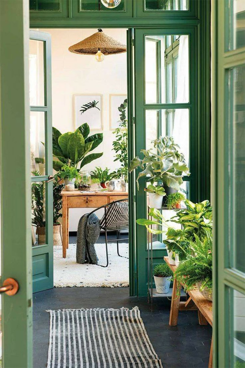 Boiseries peintes en verte pour cet appartement décoré de plantes vertes Boiseries peintes en verte pour cet appartement décoré de plantes vertes