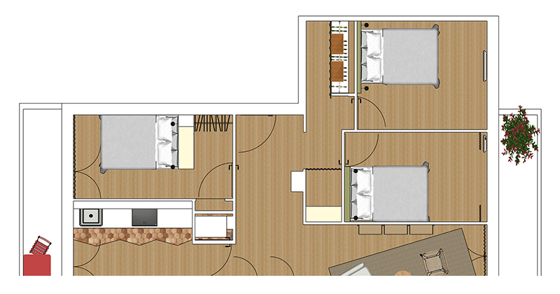 Plan de l'appartement avec détail d'ouverture des portes