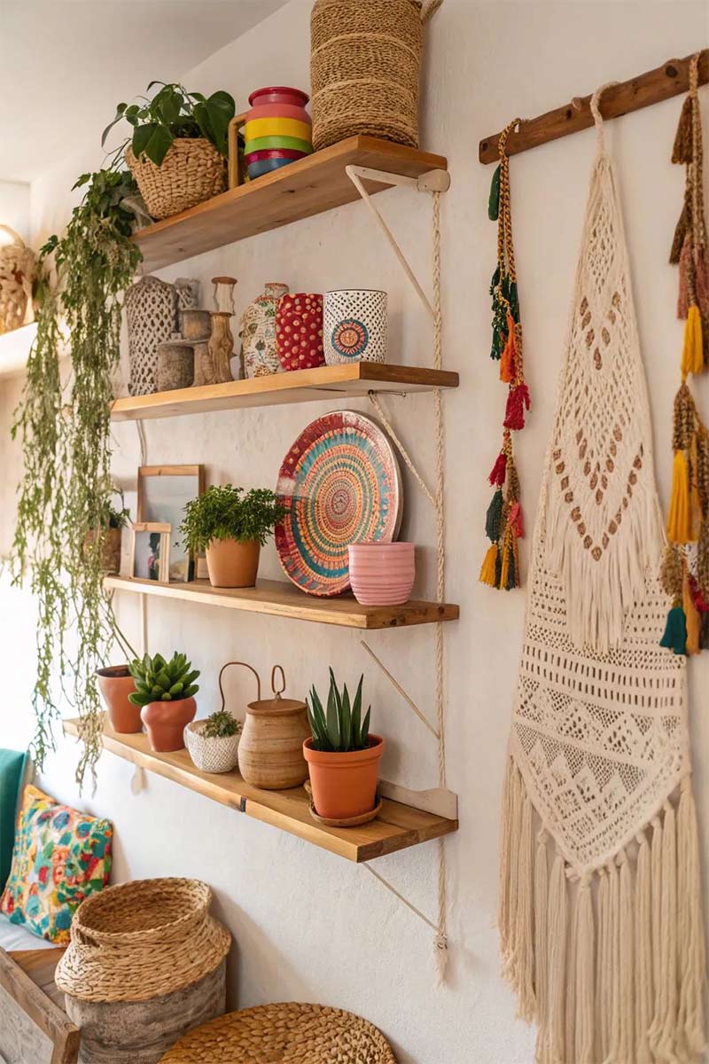 Étagère murale avec mise en scène d'objets artisanaux pour un décor bohème Étagère murale avec mise en scène d'objets artisanaux pour un décor bohème