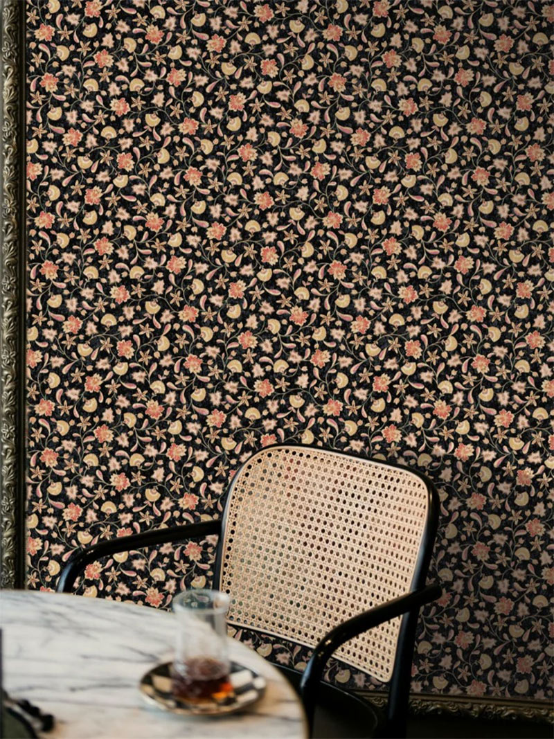 AyéléeFleurie - Papier peint imprimé fleurs sur fond noir, Fleur de café