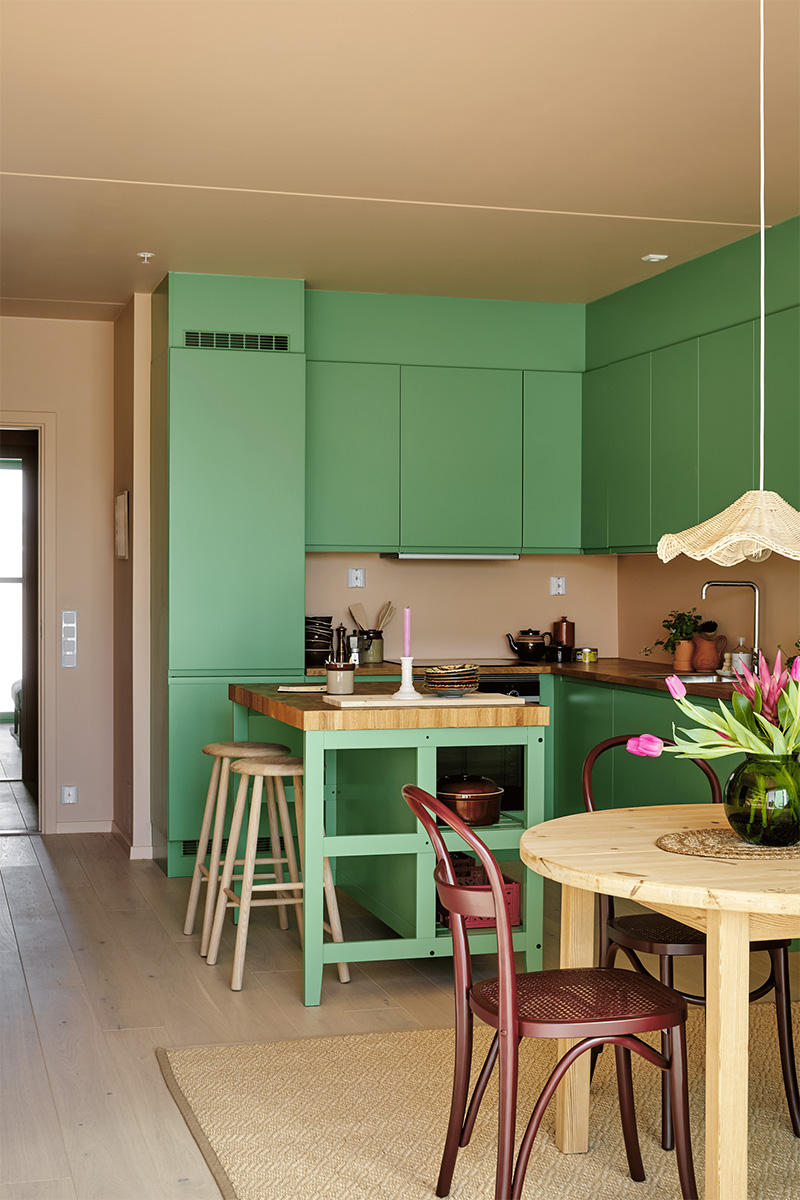 Le coin cuisine, marqué en vert pour un style Color Block Le coin cuisine, marqué en vert pour un style Color Block