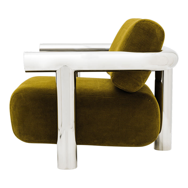 Gabrielle Paris - Fauteuil Claude en inox poli et velours côtelé vert DE CÔTÉ