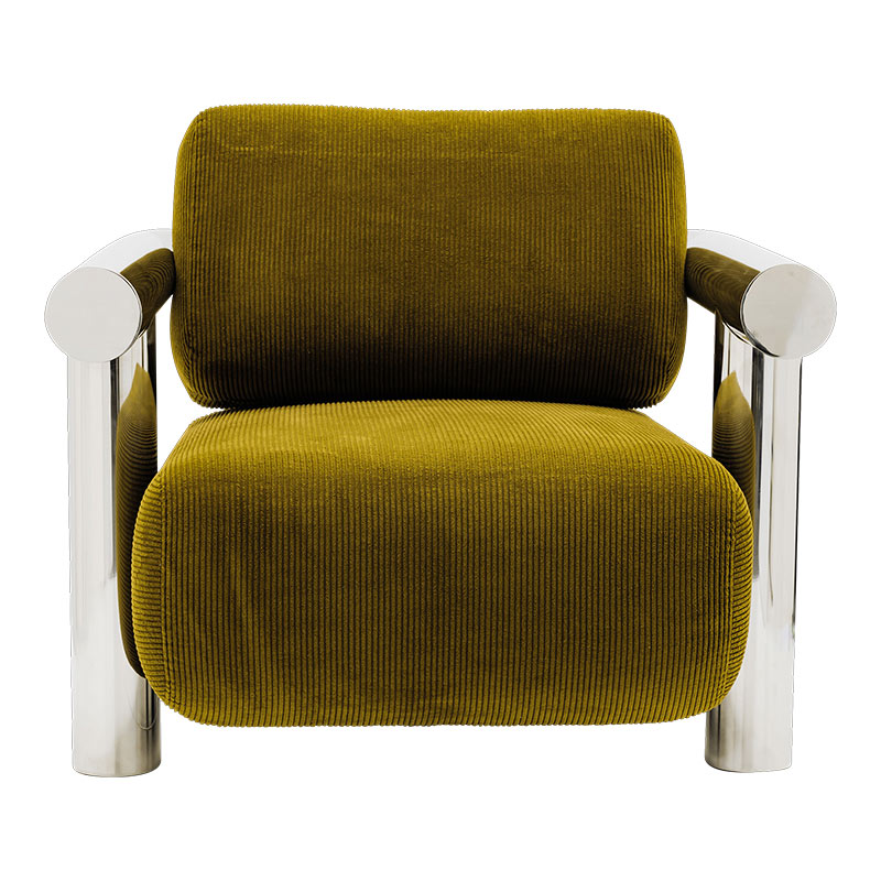 Gabrielle Paris - Fauteuil Claude en inox poli et velours côtelé vert FACE