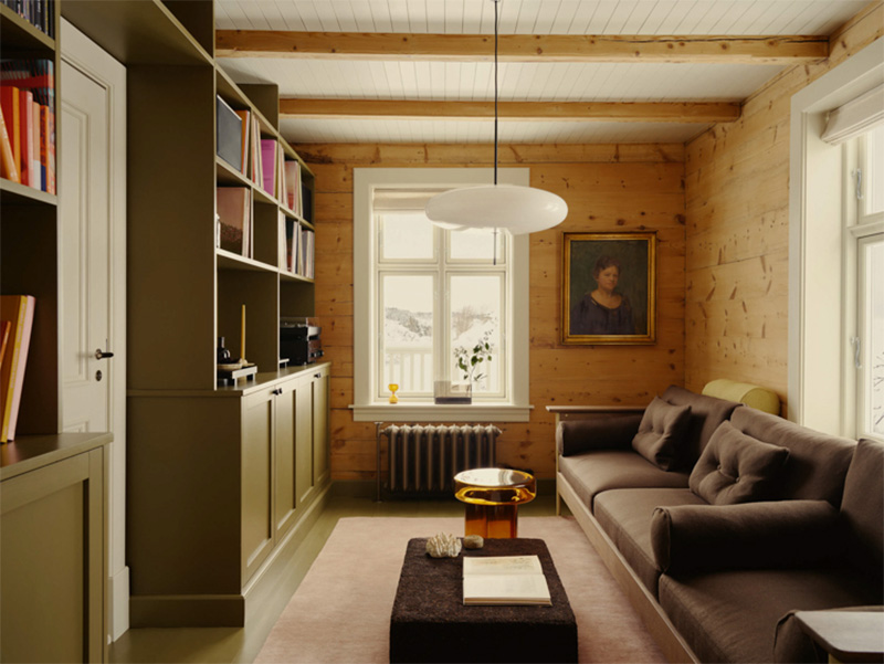 Un salon cosy avec du lambris brut et des boiseries / bibliothèques peintes en vert