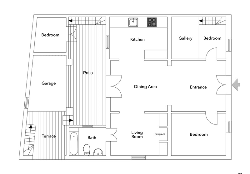 Le plan de la maison qui montre le patio intérieur où s'articule les espaces de vie