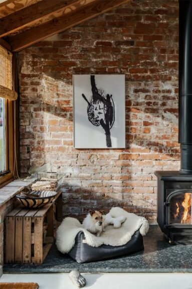 Le coin cocooning du chien de la maison, près du poêle à bois Le coin cocooning du chien de la maison, près du poêle à bois