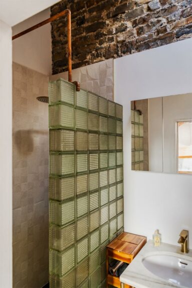 Murs en brique de verre comme part douche dans le petit cabinet de toilette Murs en brique de verre comme part douche dans le petit cabinet de toilette