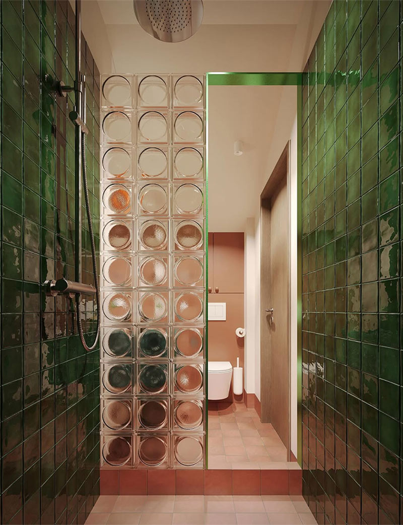 Douche avec paroi en briques de verre