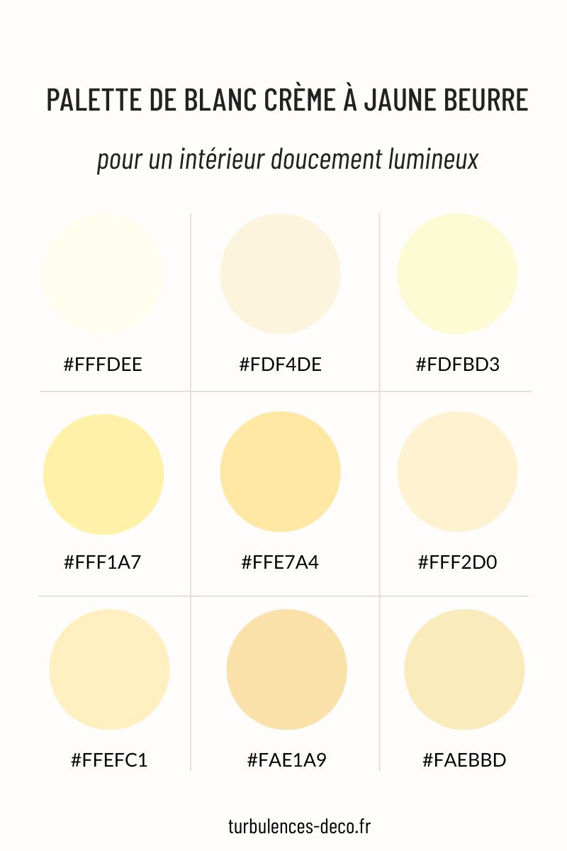 Palette de couleurs déco de blanc crème à jaune beurre @turbulencesdeco