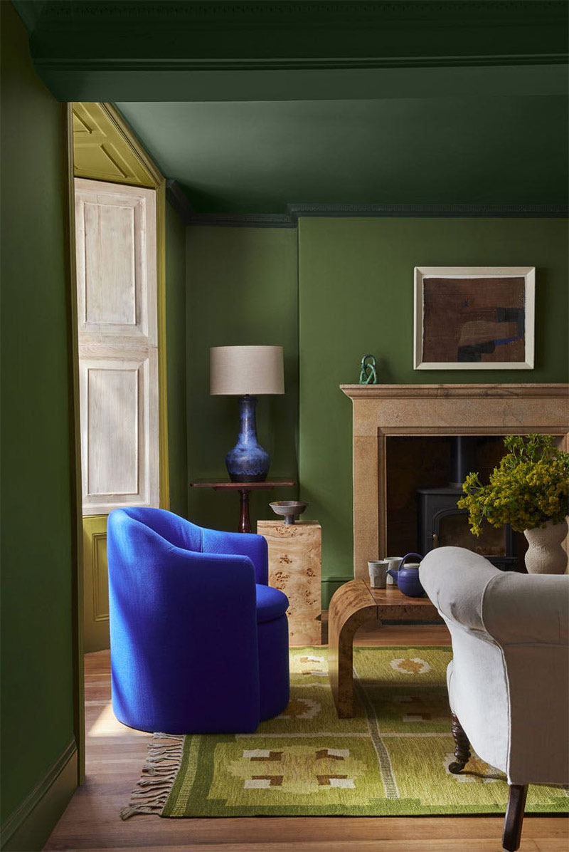 Salon dans les tonalités de vert par la marque de peinture Little Greene - Salon Hopper