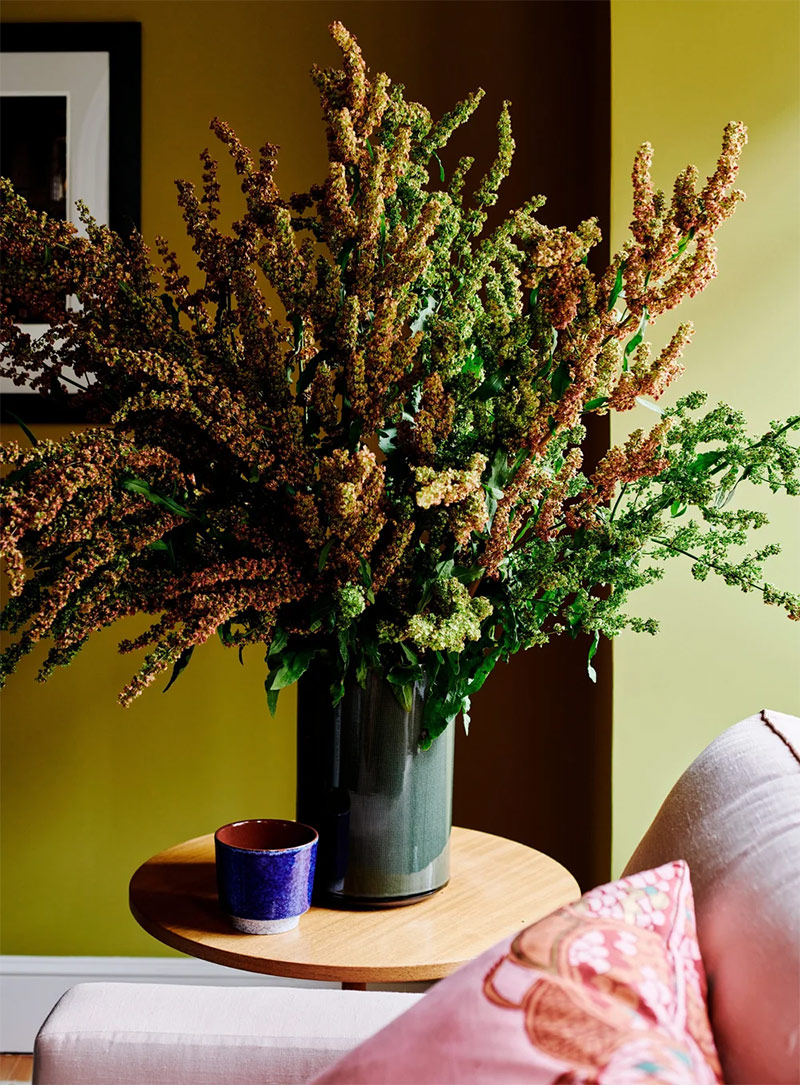 Un salon avec des mus peints en vert chartreuse pour une ambiance vitamie et chic