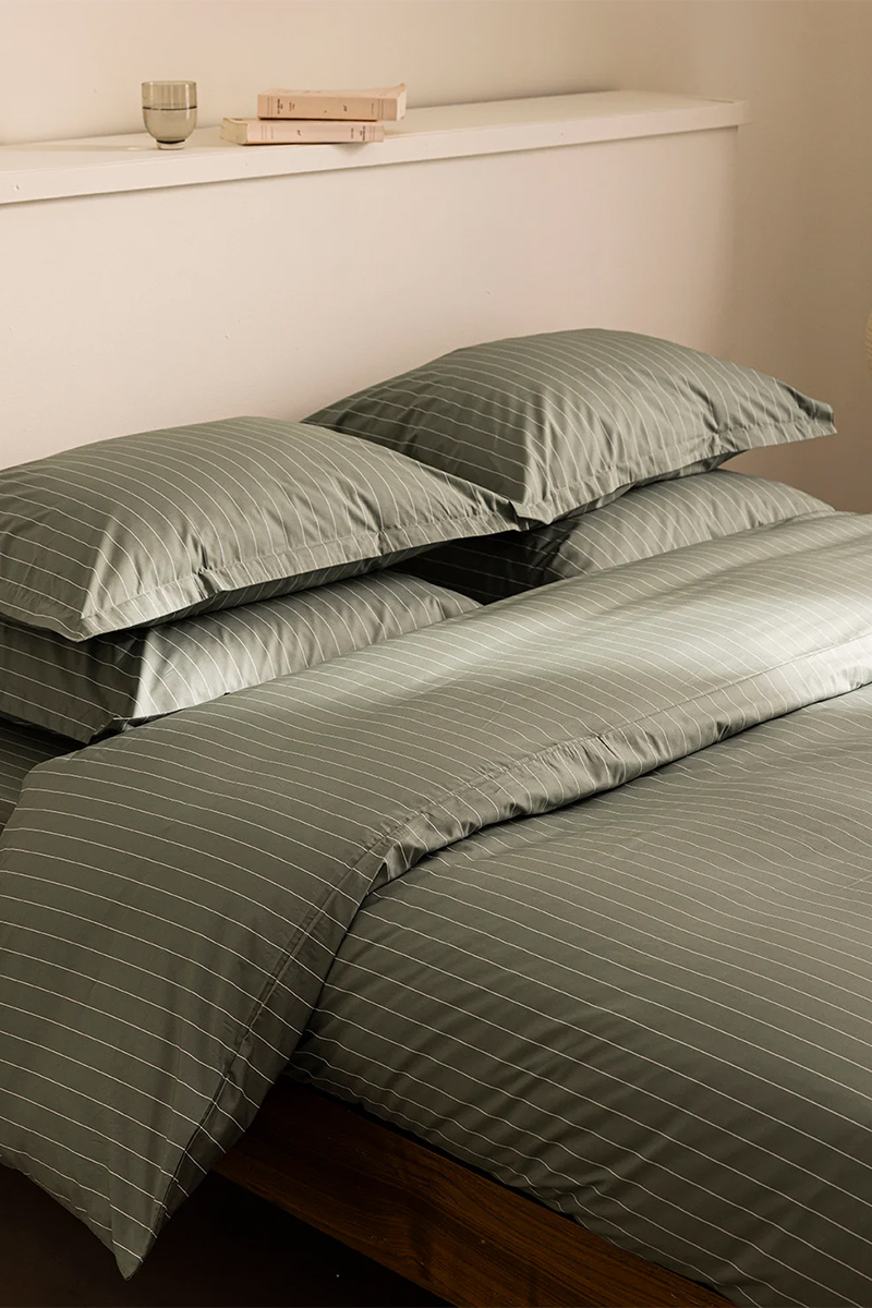 Housse de couette Percale de coton Imprimée rayure en vert cendré - Greige