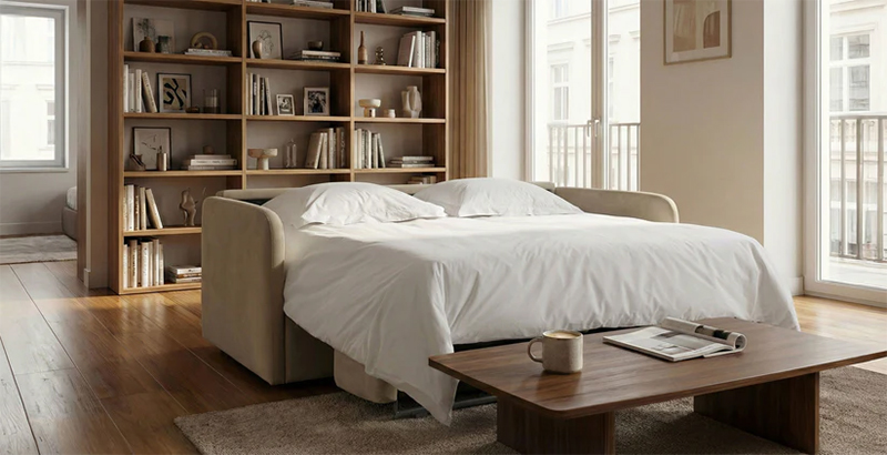 CONVERTIBLE CENTER - Canapé lit 4 places, en tissu tissé beige microfibre, Délice ouvert