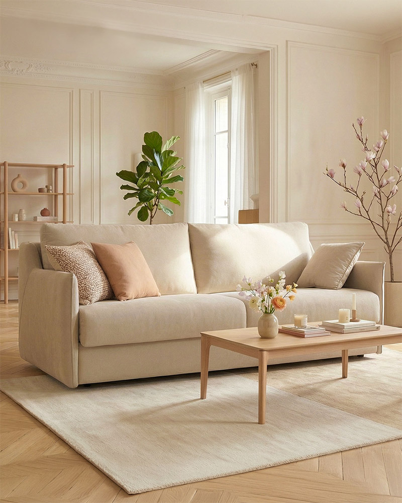 CONVERTIBLE CENTER - Canapé lit 4 places, en tissu tissé beige microfibre, Délice