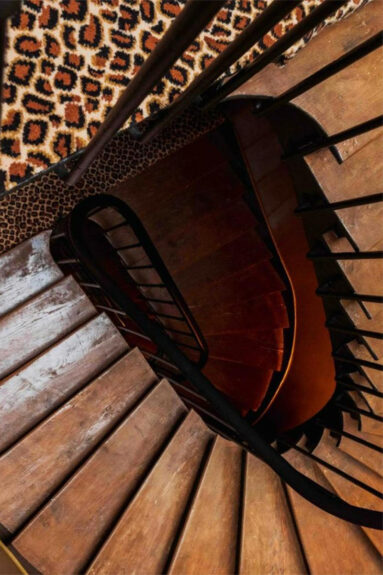 Escalier en bois patiné et moquette léopard Escalier en bois patiné et moquette léopard