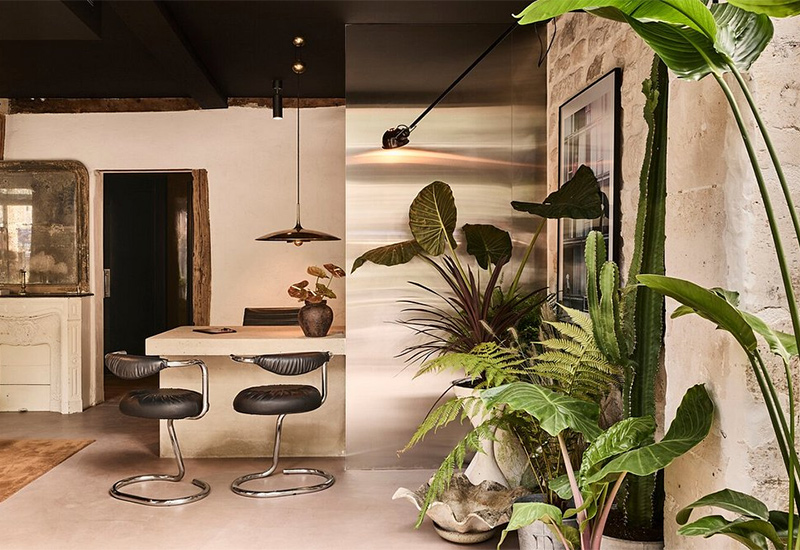 La réception de l'hôtel Lulu, boulevard Montparnasse dans un style brutalisme doux La réception de l'hôtel Lulu, boulevard Montparnasse dans un style brutalisme doux entre plantes tropicales et meubles design au look vintage