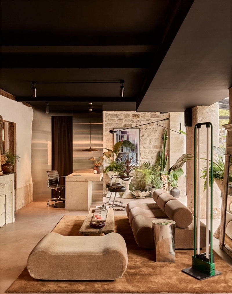 La réception de l'hôtel Lulu à Paris, un moderniste adouci avec du mobilier design, moquette et plantes vertes