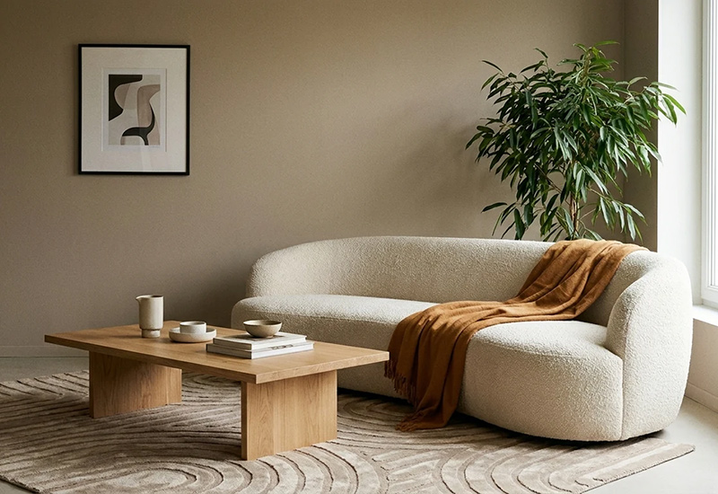 Salon au mur taupe avec canapé écru bouclé et touches ocre Salon au mur taupe avec canapé écru bouclé et touches ocre