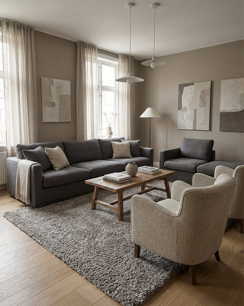 Un salon dans les tonalités de taupe, avec un tapis central shaggy pour apporter de la texture Un salon dans les tonalités de taupe, avec un tapis central shaggy pour apporter de la texture